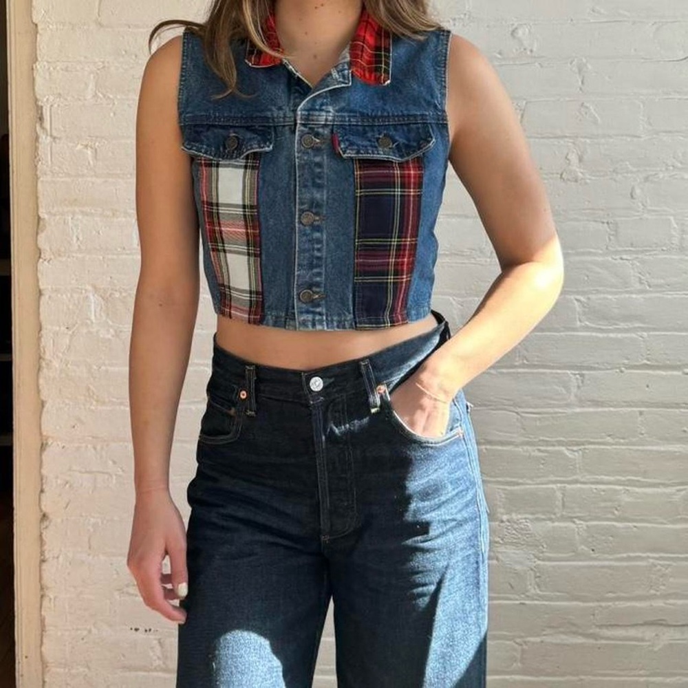 Vintage Y2K L.E.I Denim Vest with Plaid Detailing